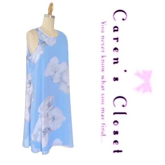 Calvin Klein Powder Blue Floral Print Chiffon Trapeze Sleeveless Dress - Picture 3 of 10